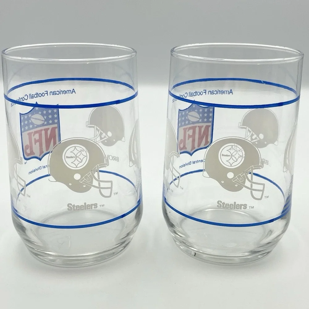 Vintage Set Of 2 NFL Central Division Glasses AFC Oilers Steelers Bengals Browns